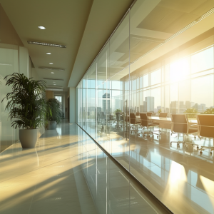 big clean glass walls with reflecting sun