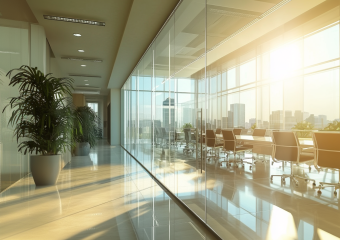 big clean glass walls with reflecting sun